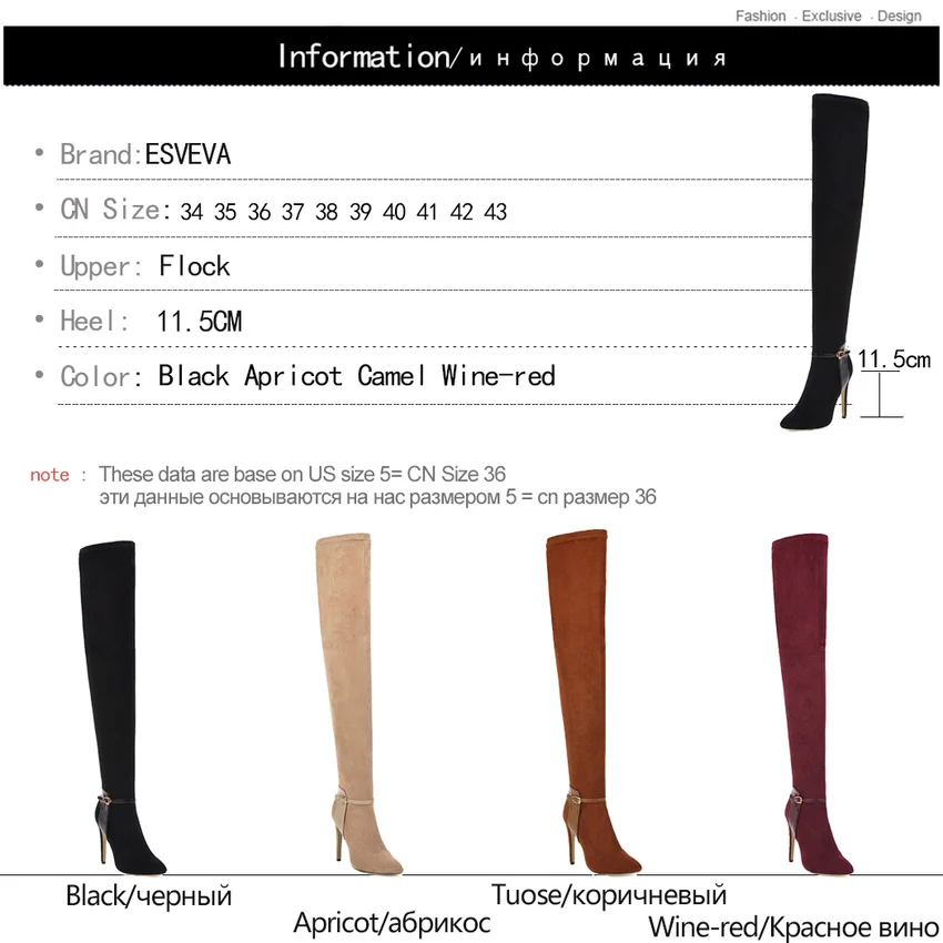 

ESVEVA 2020 Buckle Flock Autumn Winter Sexy Thin High Heel Women Shoes Fashion Pointed Toe Slip on Over The Knee Boots Size34-43