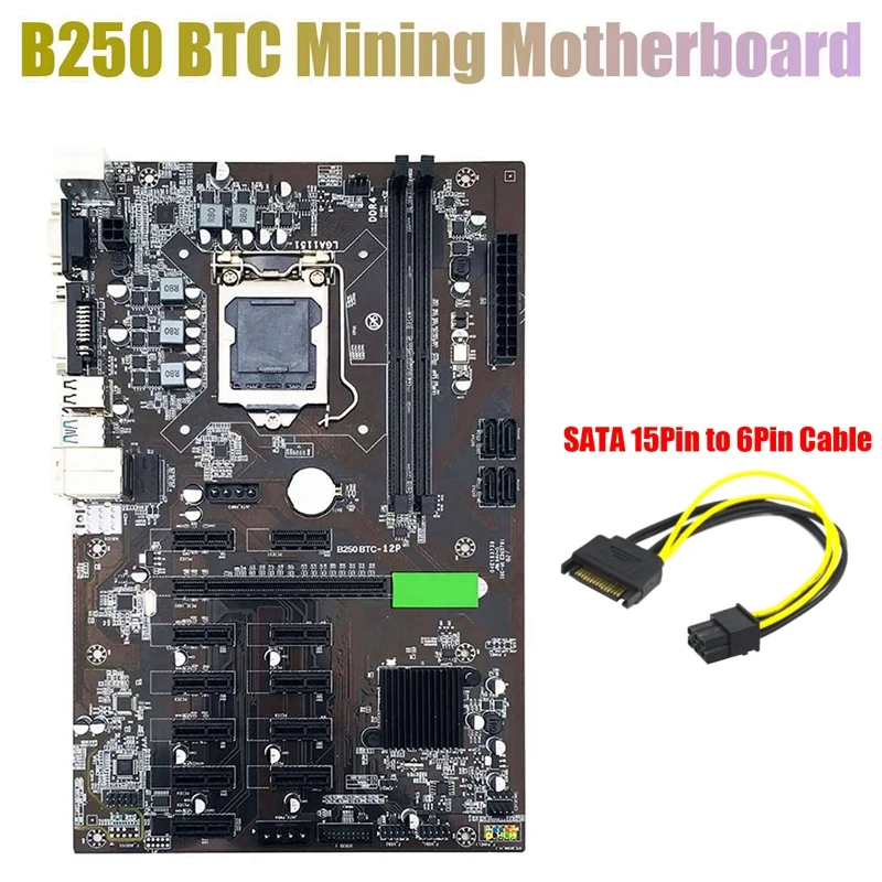 

Материнская плата для майнинга B250 BTC с кабелем SATA 15Pin-6Pin, 12 слотов для графической карты LGA 1151 DDR4 USB3.0 для майнинга BTC