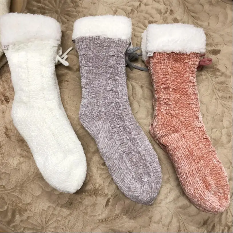 Women Solid Chenille Winter Socks Thick Slipper Fuzzy Fleece Knee High Girls Indoor Room Floor | Женская одежда