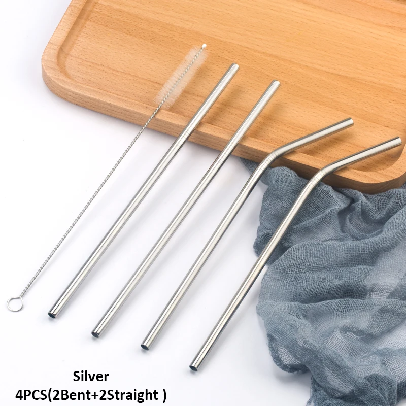 08 Silver Многоразовые металлические трубочки для питья 304 нержавеющая сталь прочная изогнутая прямая соломинка для напитков с чистящей щеткой вечерние аксессуары - Цвет: 08 Silver