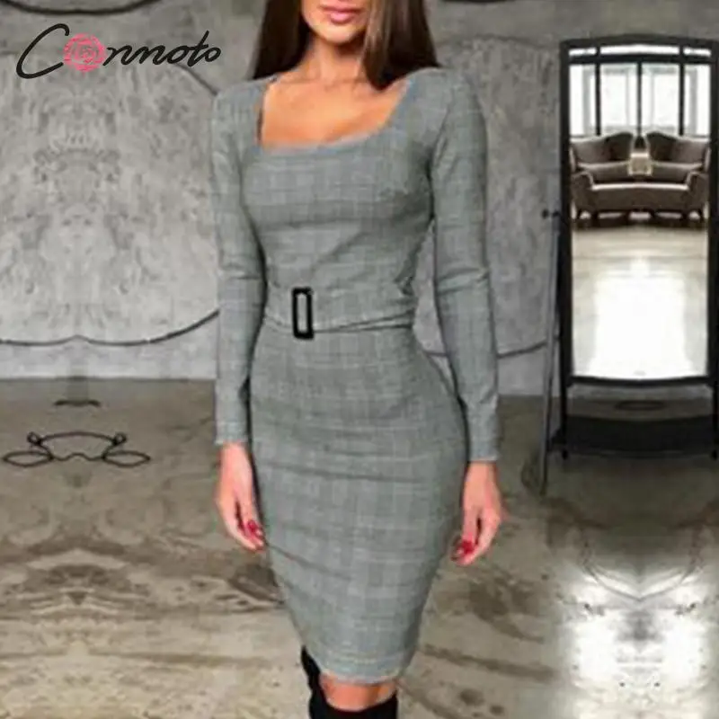 Conmoto Женское зимнее платье 2019 модное серое клетчатое обтягивающее с длинным