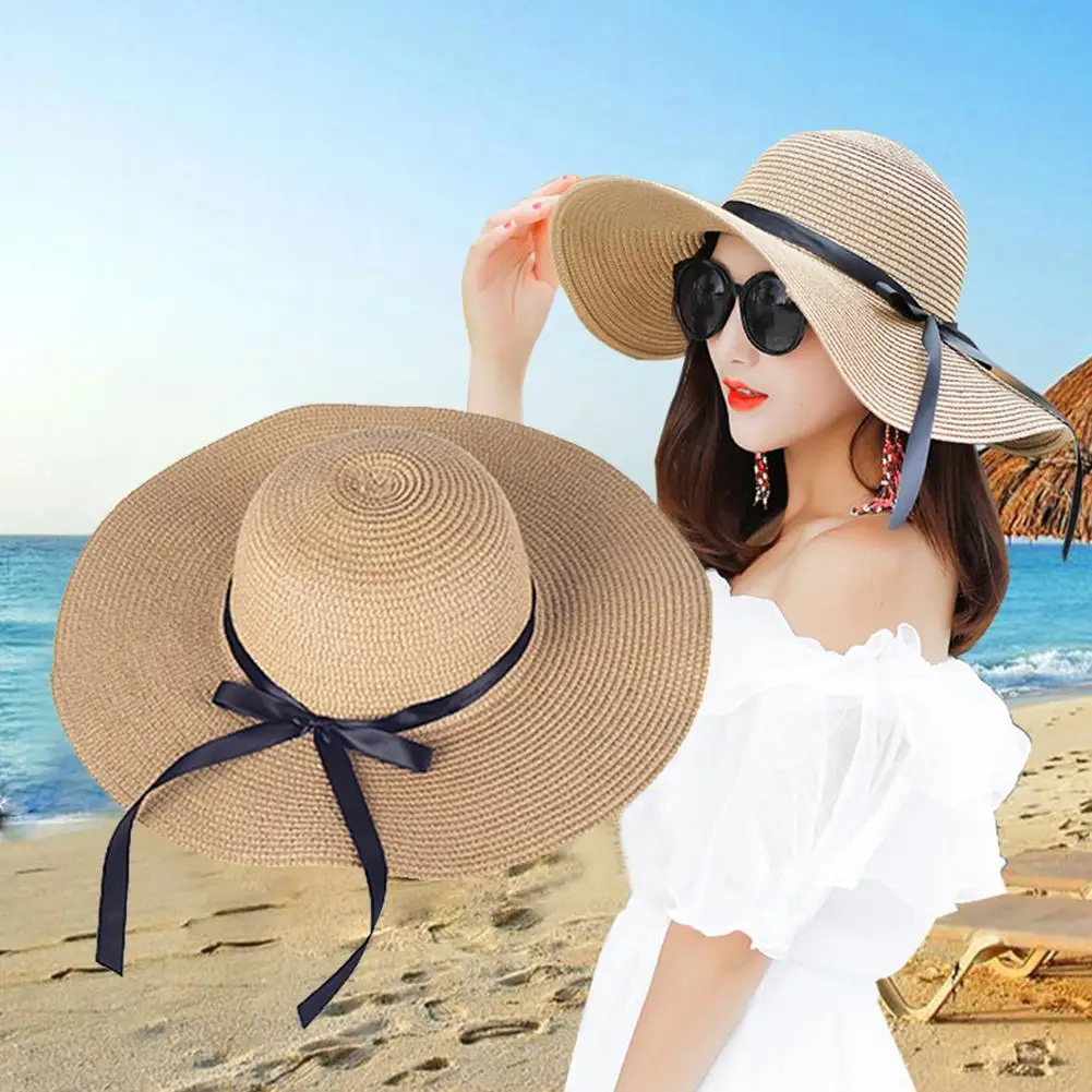 

Шляпа женская Соломенная складывающаяся с широкими полями и бантом