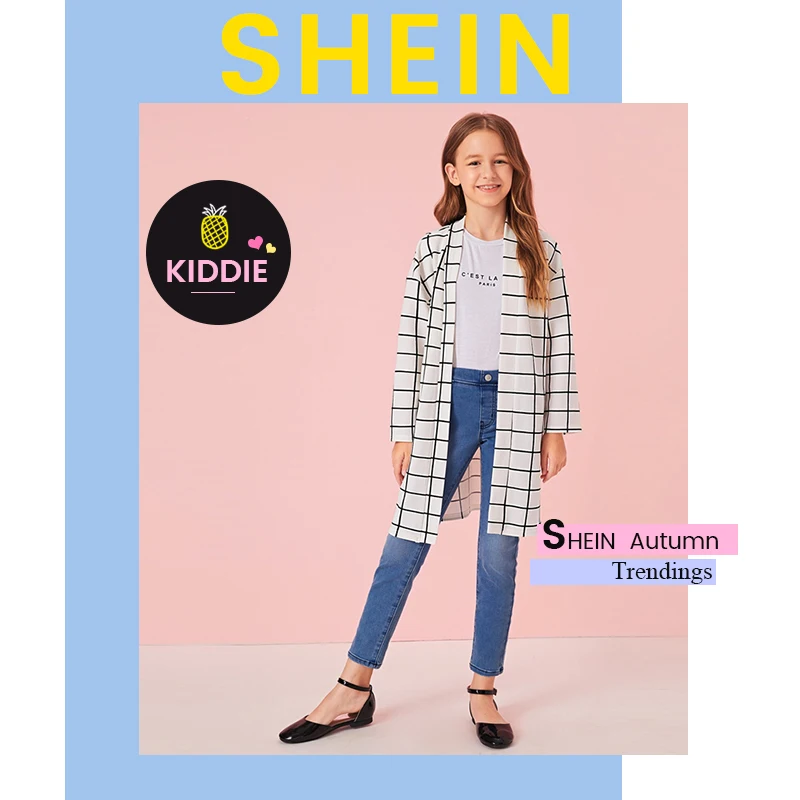 SHEIN Kiddie White Plaid Print Girls Open Front Long Coat Kids Clothes Autumn Long Sleeve Casual Coats For Children