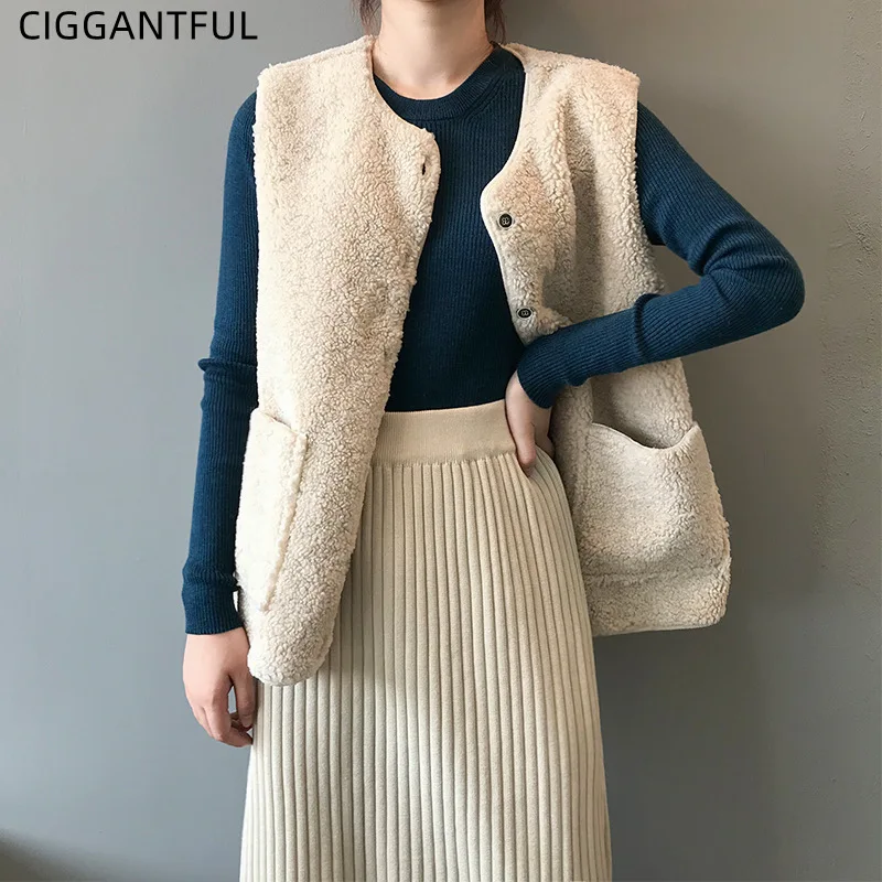 

2021 осенне-зимний новый теплый жилет из овечьей шерсти, женский корейский Свободный плюшевый жилет без рукавов, куртка, женская модная повсе...