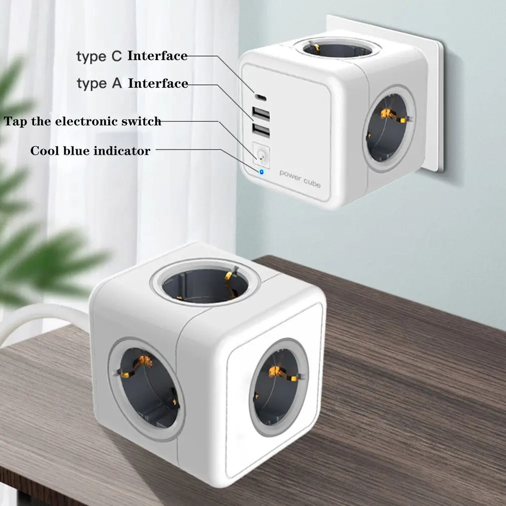 

E04C Extension Powercube Power Strip With 1.5M Cable EU Plug Power Socket Multi 4 Outlet 2 USB + Switch + Type C Port Charger