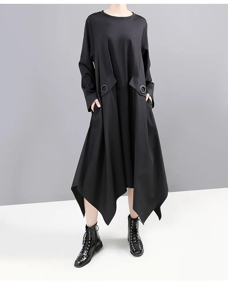 XITAO плюс размер лоскутное неправильное платье женская одежда модный карман полый пуловер длинный рукав элегантное платье GCC2576
