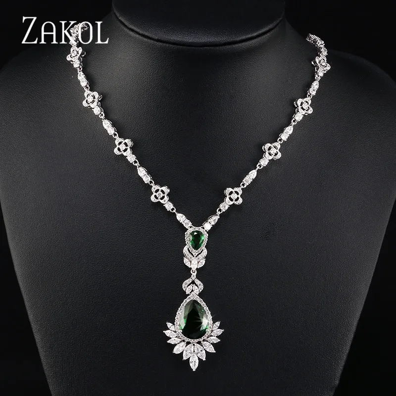 Green Necklaces ZAKOL высокое качество большая капля синий кубический цирконий лист серьги ожерелье набор украшений для женщин свадебное вечернее платье FSSP2014 - Окраска металла: Green Necklaces