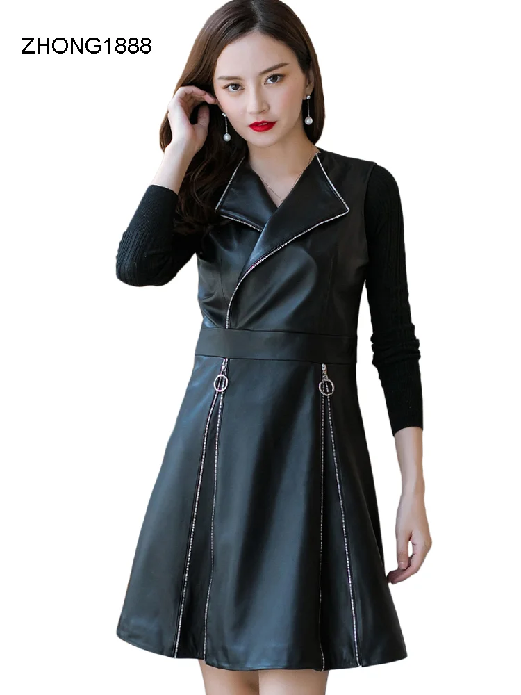 

dress Autumn and Winter Leather women's slim-fit zipper mid-length sheepskin vest skirt lapel waistcoat leather skirt