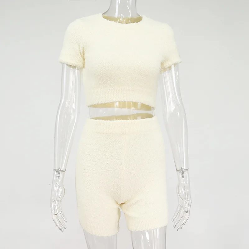 

BOOFEENAA Fluffy Knitted Sweater Suit Two Piece Set Crop Top and Shorts Sexy Cozy Lounge Wear Winter Clothes Women C97-FZ32