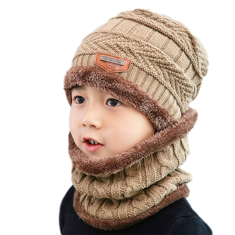 

Kids Winter 2Pcs Crochet Knit Plush Lined Thick Warm Beanie Hat Circle Scarf Set XX9D