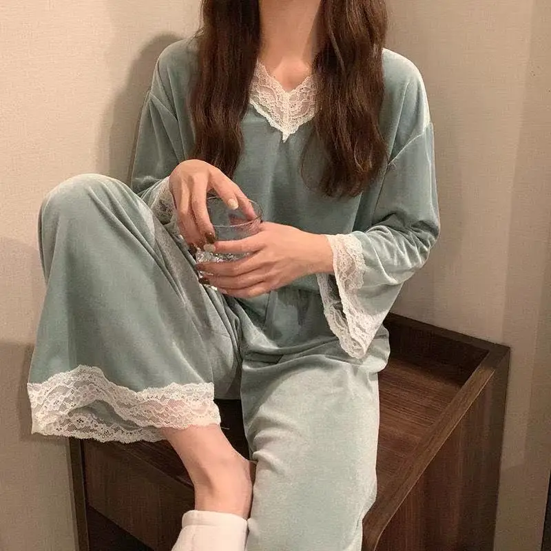 

Женские блестящие сексуальные кружевные пижамные костюмы, 2 шт., Весенняя Осенняя Пижама, комплекты с V-образным вырезом, пуловер, пижамы, оде...