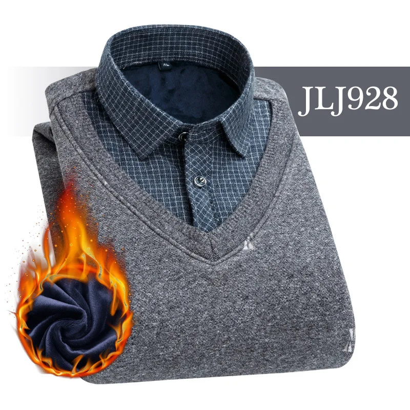 JLJ928 Мужская одежда, рубашки с вышивкой, в полоску, макет, из двух частей, платье, рубашка, имитация двойки, длинный рукав, толстый бархат, свитер, рубашки - Цвет: JLJ928
