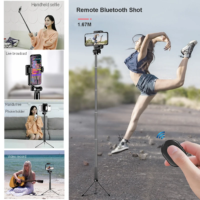 

1.67M Extendable Tripod Selfie Stick With Bluetooth Wireless Remote Control Monopod Selfie Timer Shutter for IOS Android Mobile