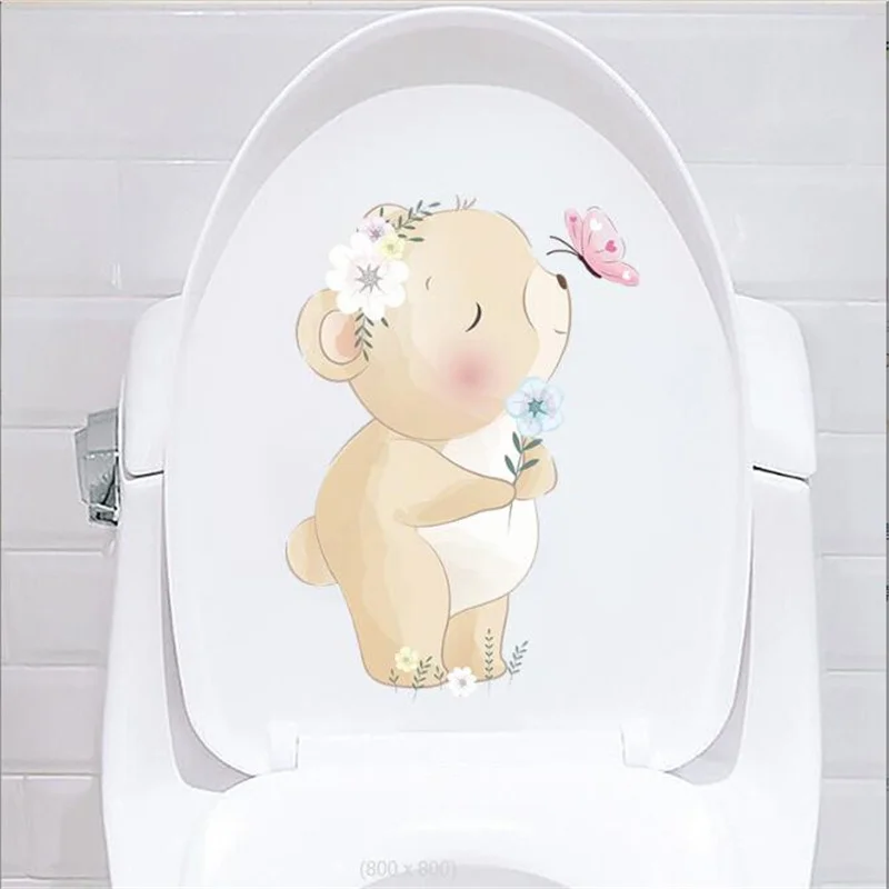 

Toilet Sticker Funny Cartoon Bear Flower Butterfly Wall Decal Home Decoration Wall Sticker Self-Adhesive