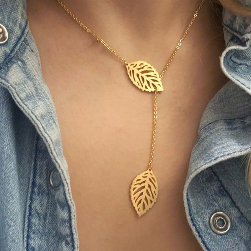 V Attract Boho Jewelry Gold Ketting Choker Women Stainless Steel Collier Double Leaf Charm Lariat Necklaces &amp Pendants | Украшения и
