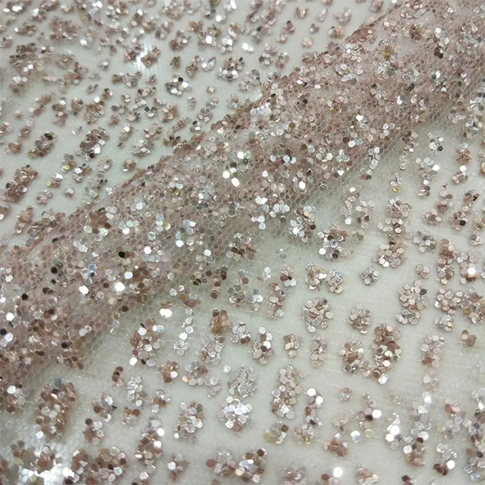 Ткань Тюлевая розовое золото с наклеенными блестками пробы 5 ярдов для вечернего