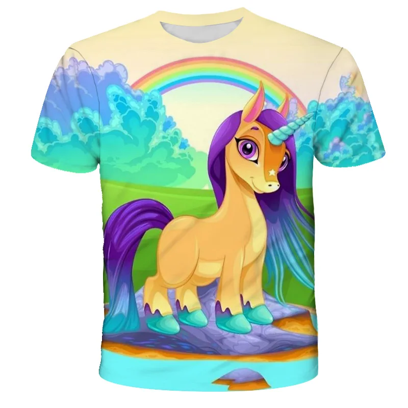 

New Unicorn 3D Printing Children Girl Clothes T-shirt Summer Colorful Girl Blouse O-Neck Baby Shirt Boy Girl Cartoon T-shirt