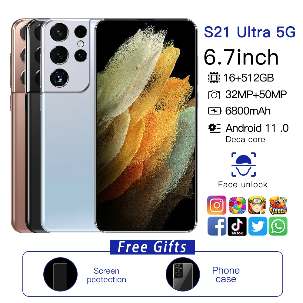 

Hot Sale S21 Ultra 5G Global Version Smartphone 6.7 Inch 10 Core 6800mAh Qualcomm 888 Face ID 16GB 512GB 32MP 50MP Mobile Phone