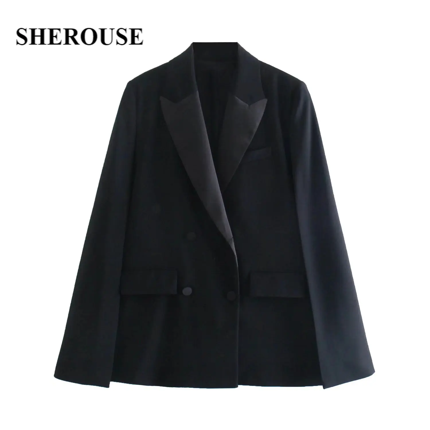 

Женский блейзер с отворотами Sherouse, модный двубортный блейзер с отворотами и длинными рукавами