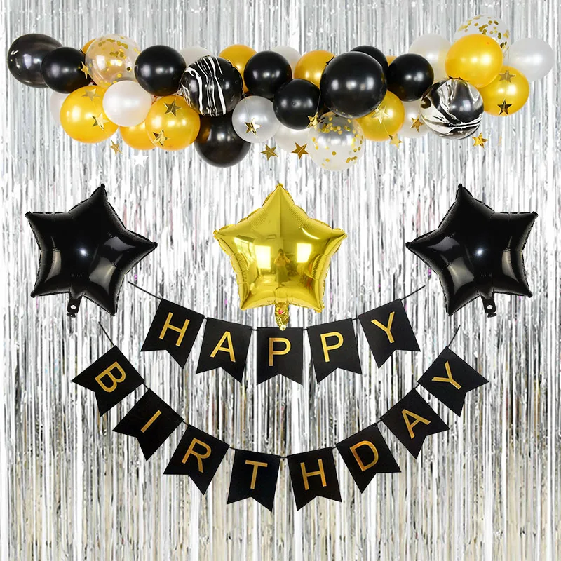 

1Set Happy Birthday Banner Backdrop Rain Silk Foil Fringe Curtains Latex Balloon Adult Kids Anniversary Event Party Decor Supply