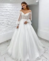 pukguro simple wedding dress lace appliques long puff sleeves bride gowns fitted bones orincess a line country bridal dress