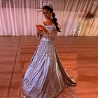 Саудовская Аравия серебряные блестящие вечерние платья кружевное с аппликацией из бусин прозрачная одежда с длинным рукавом платья для выпускного вечера на молнии сзади; Robe De Soiree