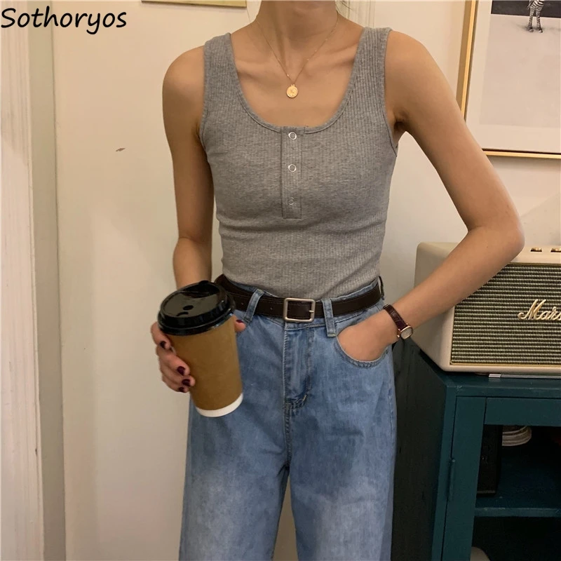 

Camisoles Women Solid Button Summer Tanks Womens Trendy Sexy All-match Ins Knitted Tops Leisure Ulzzang Chic Elegant Daily New