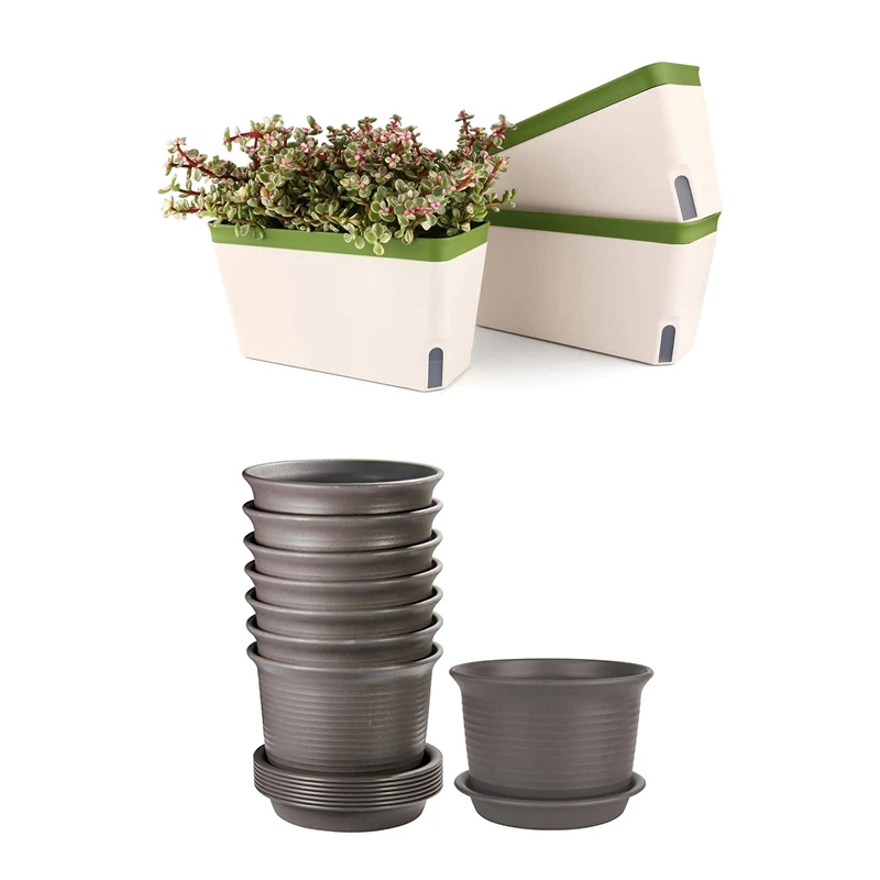 

3x Self Watering Planter Pot Rectangle 10.5 Inch & Flower Pots 8 Pcs Pots with Drainage Hole Planters with Saucers