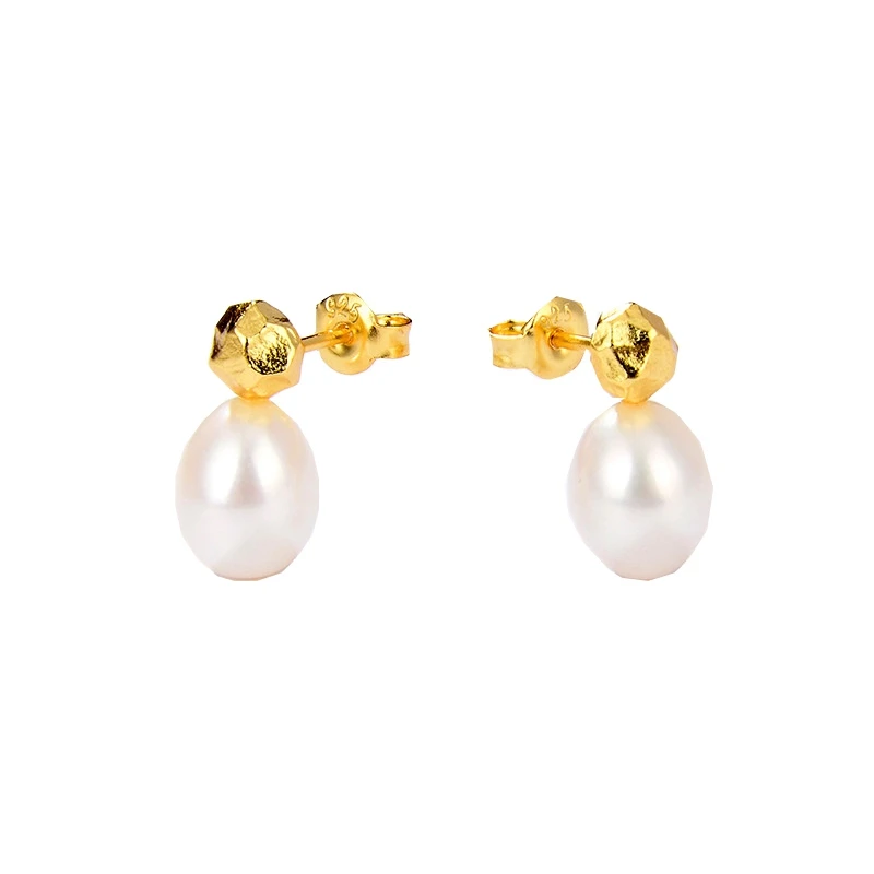 

Solid 925 Sterling Silver Geometric Rock Stud Earrings With Baroque Freshwater Pearl Women Fine Jewelry 18K Gold Color