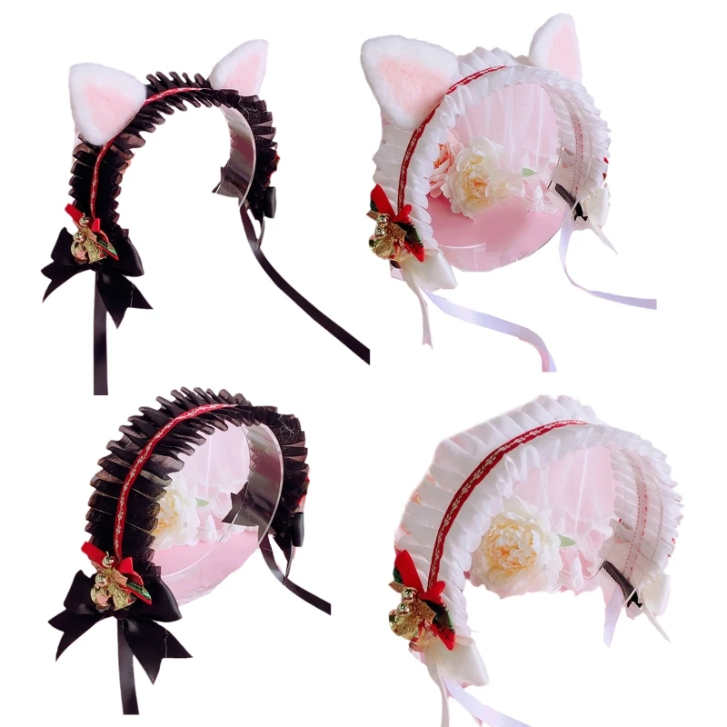 

Bowknot Ear Headband Lolita Headwear Maid Ruffle Lace Headdress with Bells