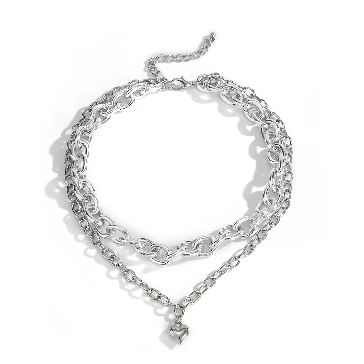 

Trendy Jewelry Big Chain Necklace Hot Selling Metal Link Two Layer Small Heart Pendant Necklace For Girl Lady Gift Drop Shipping