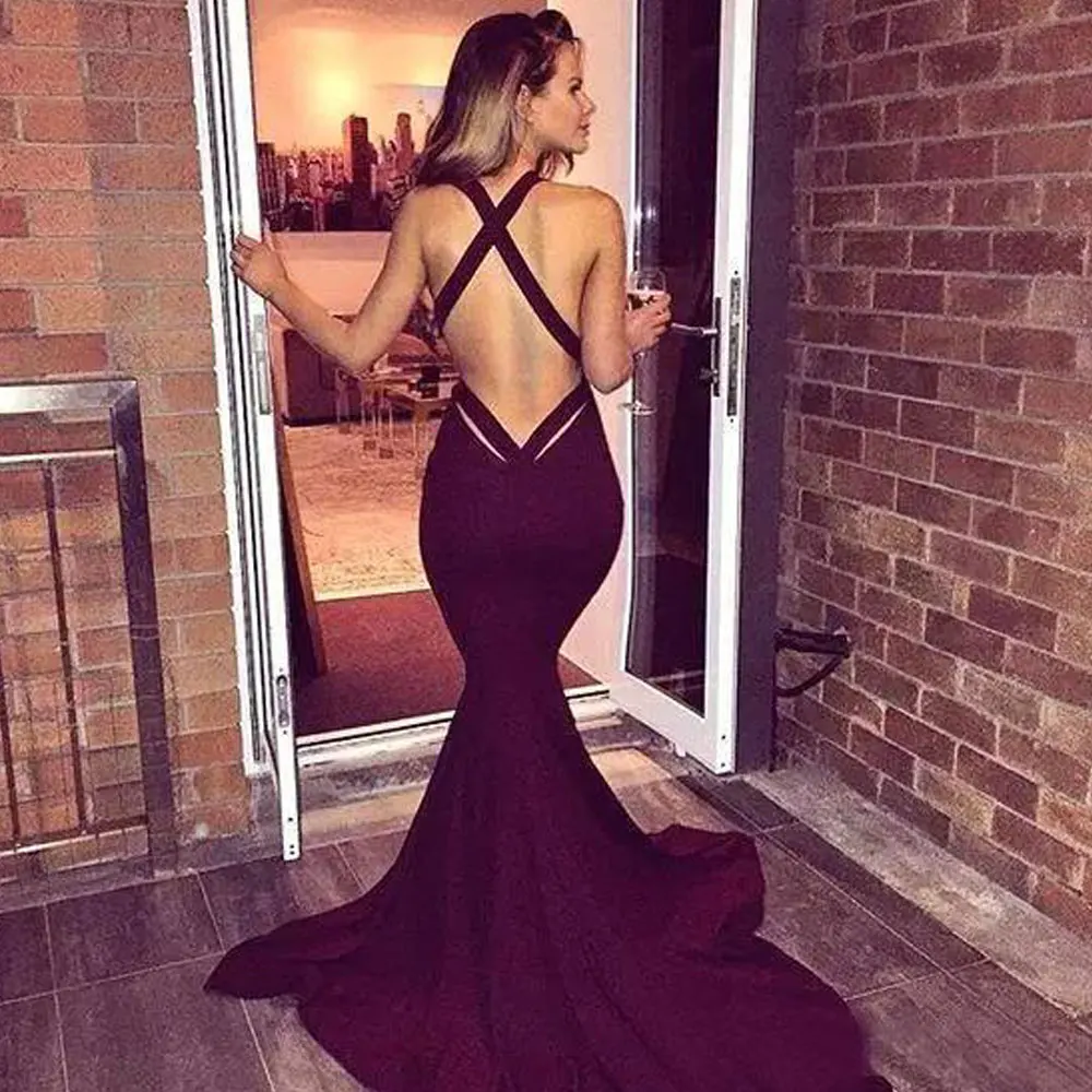 

Burgundy V-Neck Evening Dresses Mermaid / Trumpet Party Dresses Sweep/Brush Sleeveless Banbage Exquisite Party Gowns Simple 2021