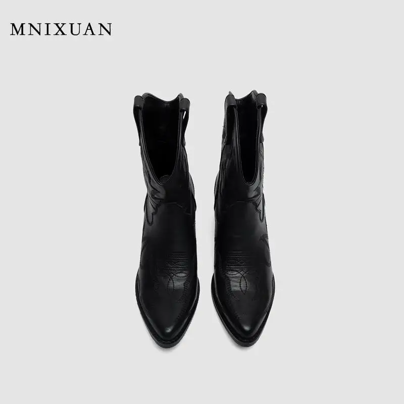 MNIXUAN Women Cowboy Boots women shoes genuine leather western punk shoes Pointed Toe High Heel Ankle Boots Black Booties