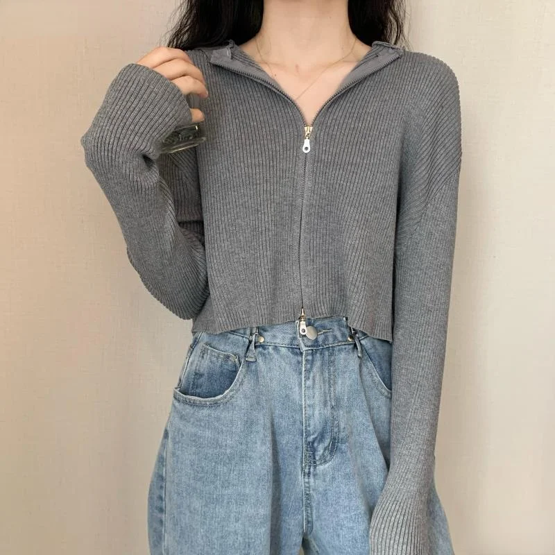

Fall 2021 Women Fashion Autumn Zip-up Cardigans Casual Slim Fit Knitted Hoddied Crop Cardigan Vintage Woman Sweaters