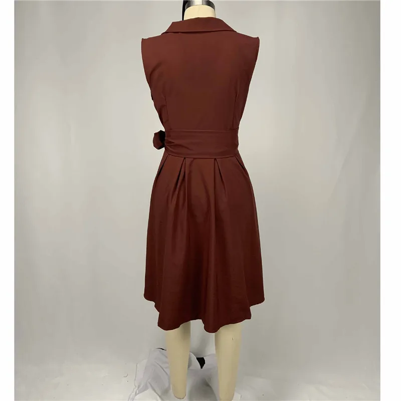 

Imcute Sexy Women Sleeveless Summer Dress Women Elegant V Neck Ruffles Lace-up Knee Length Dress Solid Party Dresses Vestidos