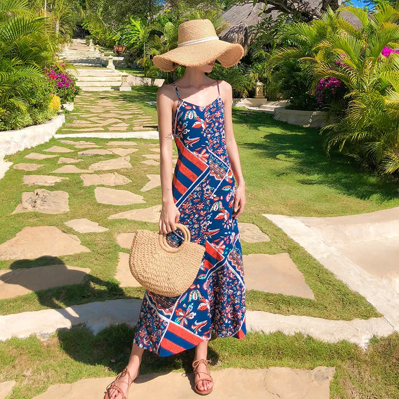 

Summer Women Beach Print Dress Blue Fashion Girl Sexy V-neck Sling Backless Boho Tropical Party Elegant Runway Dresses Vestidos