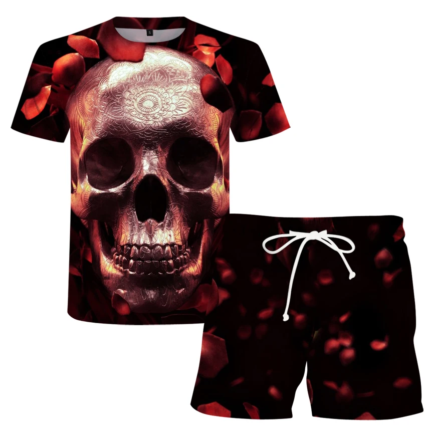 

Spot fashion printed skull horror dress scary 3D t-shirt men's and women's summer fashion loose short sleeve top T-shirt set