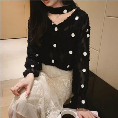 XQ002408 black Корейская повседневная женская шифоновая блузка Осень свободного размера плюс рубашка в горошек рубашка с длинным рукавом модная женская уличная одежда женские топы - Цвет: XQ002408 black