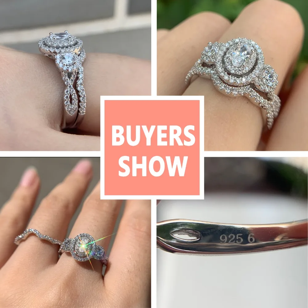 Wuziwen Halo Oval Round Cut AAA Zircon 925 Sterling Silver Wedding Ring Set For Women Engagement Promise Rings Jewelry