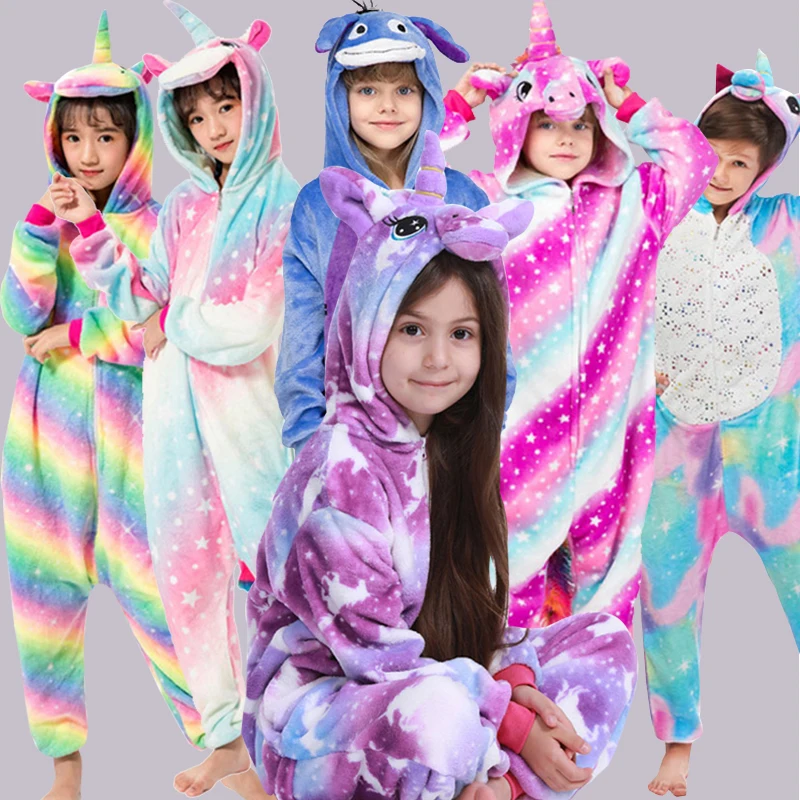 

Kigurumi Stitch Girls Pajamas Set Boys Hooded Animal Unicorn Rainbow Pyjamas Oneiese Kids Overalls Children Flannel Sleepwear