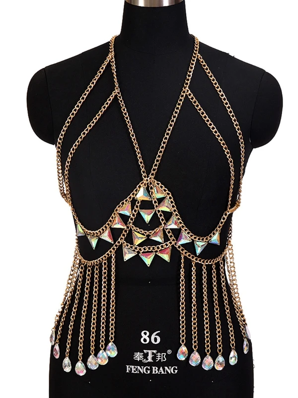 

Women Body Chain Chest Bondage Bra Rhinestone Tassel Metal Chain Sexy Lady's Body Accessories Jewelry Luxury Bikini Party Wear