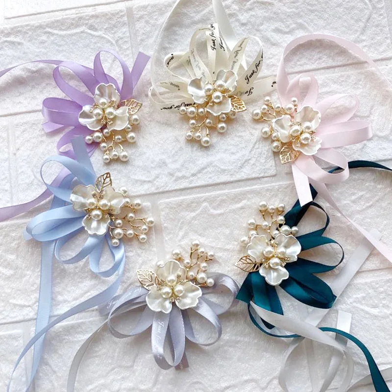 

Wedding Wrist Flower With Pearl Flowers Rose Bud Bridesmaid Wrist Flower Handmade Gifts For Guests Bridal Party Favors Supplies