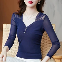 autumn 2021 mesh women shirts blouses v neck bottoming womens tops and blouses long sleeve ladies tops lace blusas rojas mujer