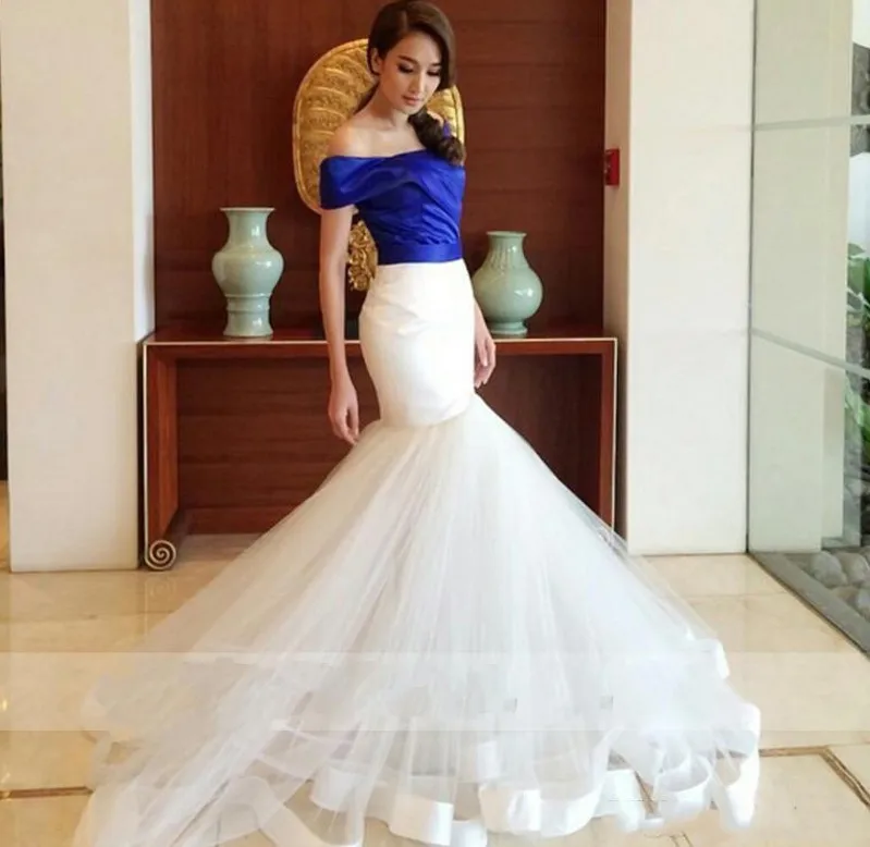 [Best Seller] New Design Royal Blue Mermaid Evening Prom Dress Off The Shoulder Satin Long Sleeve Bride Dresses Custom Made robe de soriee