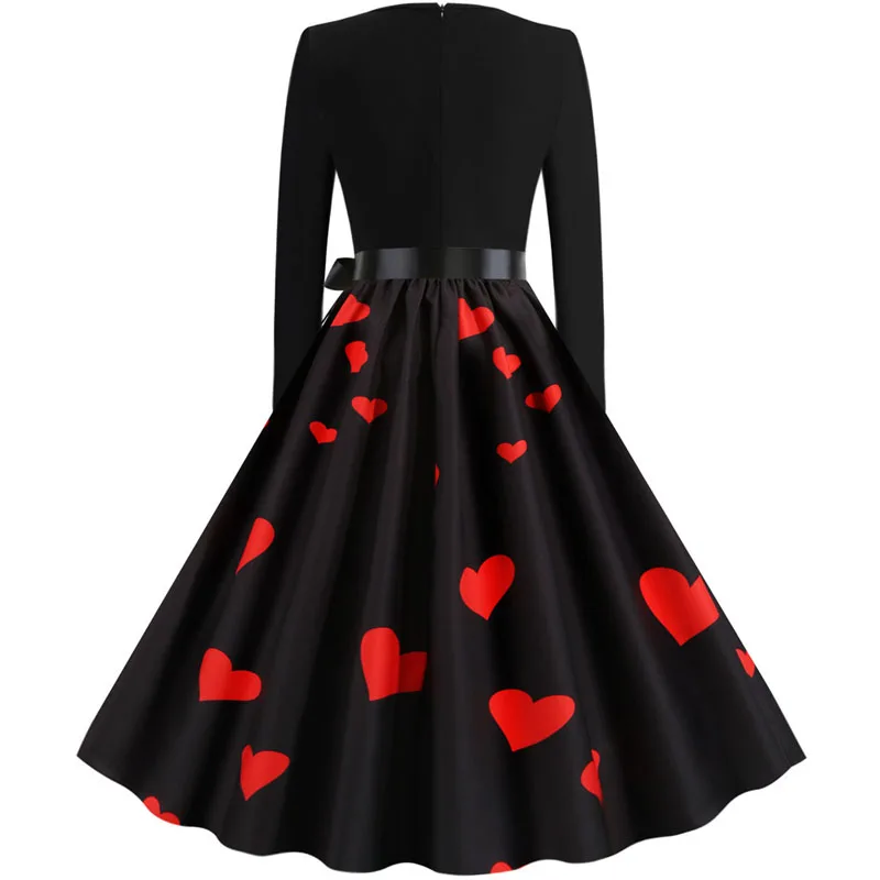 Robe noel femme зимние платья для женщин с длинным рукавом и принтом Винтаж Pinup рокабилли Год Вечерние Платье на День святого Валентина Черный Vestido 3XL