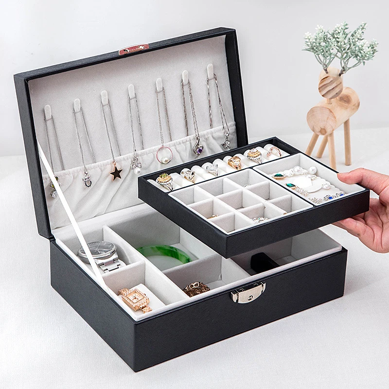 

2020 New Jewelry Box Large Capacity Leather Storage Jewelry Box Earring Ring Necklace with Mirror Watch Jewelry Organizer