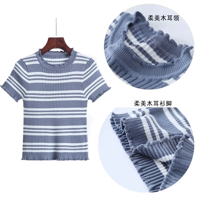 

Striped Slim Ice Silk Knitted Wood Ear T Shirt Female Short Sleeved Korean Fashion Clothes Tshirt Tops for Women 2021 Summer