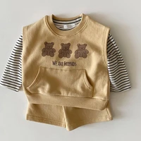 autumn long sleeve baby clothes set 2021 new bear print sweatshirt striped shirts shorts children 3pcs suit kids casual set