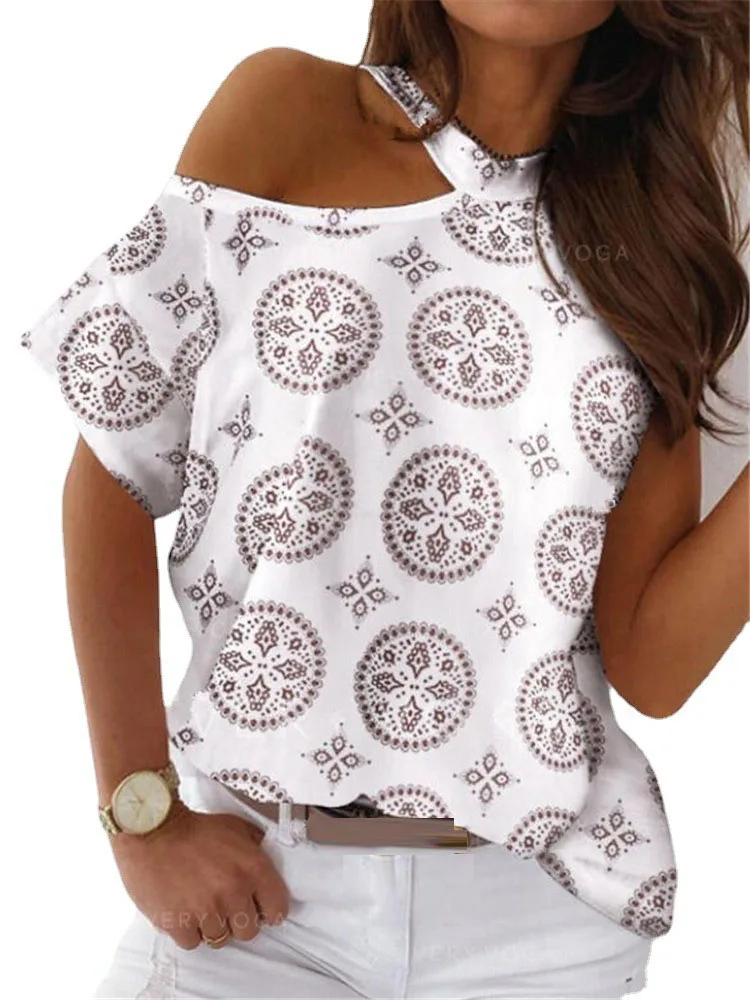 

New Summer Women's Round Neck Strapless Short Sleeves T-Shirt Fashion Plus Size Loose Ladies Tops