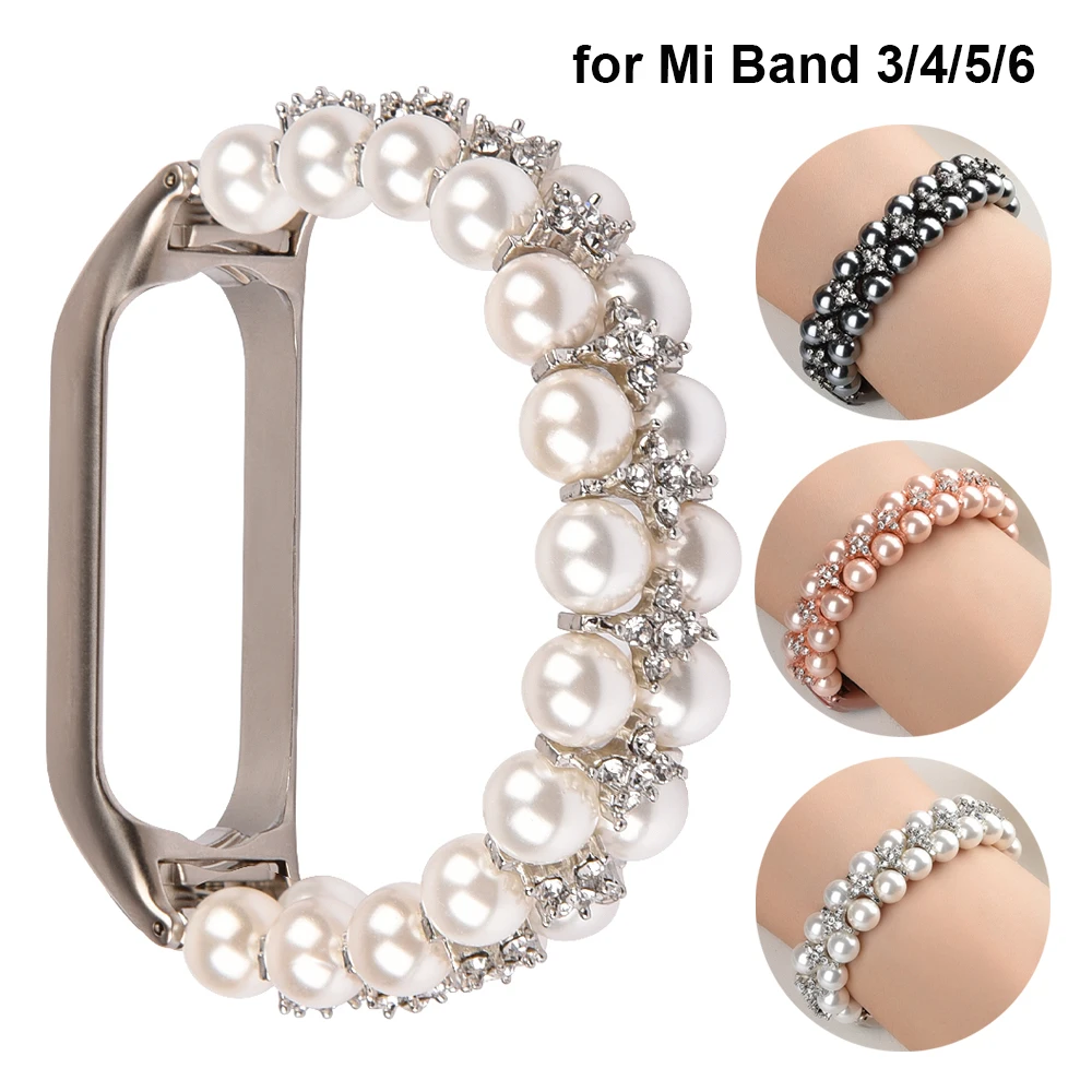 Girl Bracelet for Xiaomi Mi Band 6 7 Bands Wristband Elastic Wristband Strap for Mi Band 3/4/5 Jewelry Pearl Dressy Band Bling